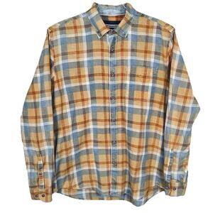 32 Bar Blues Slub Cotton Shirt Size Medium Blue Orange Plaid Casual Preppy